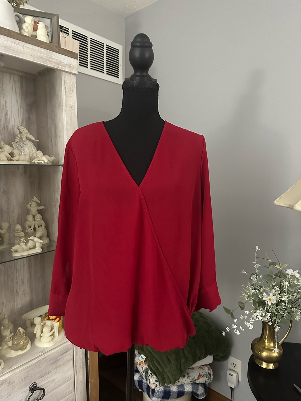 West Kei Red V-Neck Wrap-Front Blouse